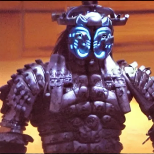 Prompt: very big very muscular very buff very strong samurai, wearing a cybernetic oni mask. The mask is cybernetic. Movie still
