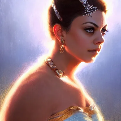 Image similar to closeup portrait of mila kunis as a beautiful radiant queen, crown, serene colors, lake background, complimentary contrast, dramatic lighting, masterpiece, high contrast, painted by stanley lau, painted by greg rutkowski, painted by stanley artgerm, digital art, trending on artstation