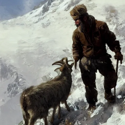 Image similar to a hiker man with a goat on top of a icy mountain, cinematic, painting by craig mullins