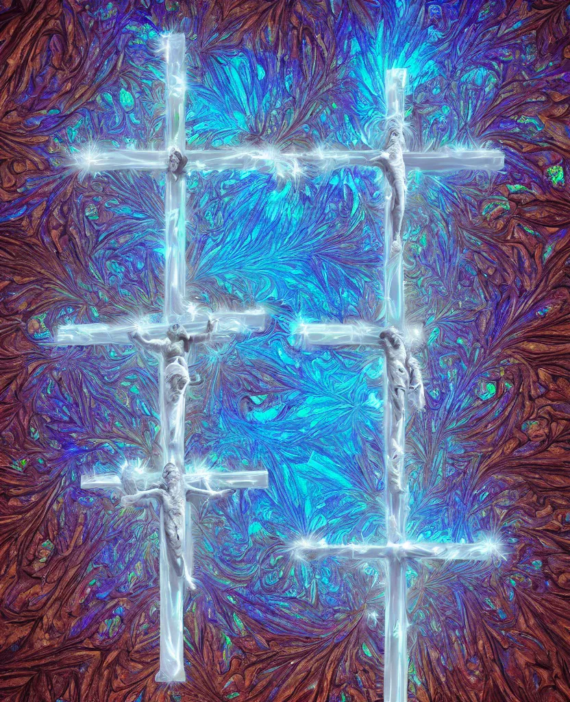 Prompt: a crystalline 3 d mandelbulb fractal in the shape of jesus christ on the cross, bioluminescent opal, fractal, magnificent lighting, ethereal, ray tracing, octane