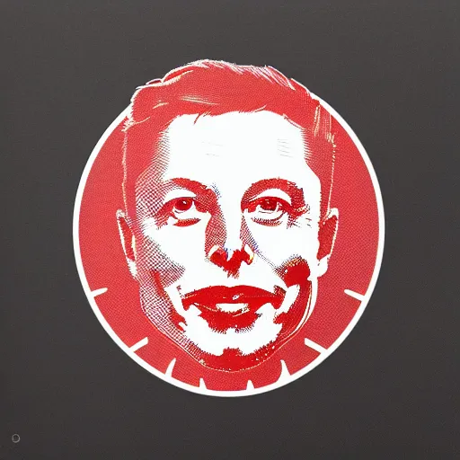 Image similar to elon musk's face logo as a silkscreen print art / serigraphy designs cut out of paper or another thin, strong material and then printed by rubbing, rolling, or spraying paint or ink through the cut out areas