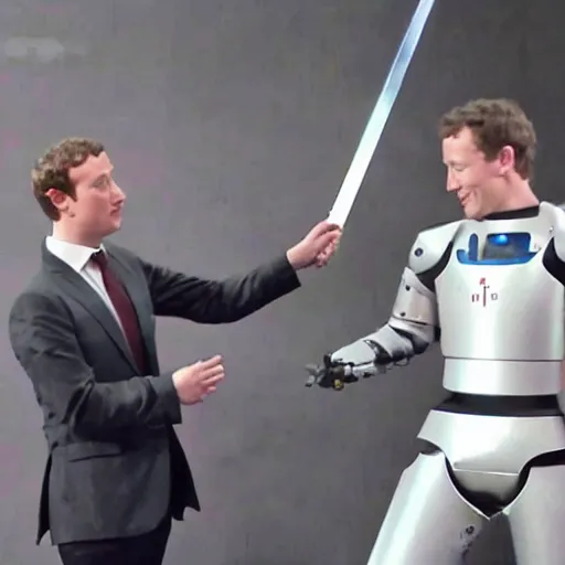 Prompt: mark Zuckerberg sword fighting with Elon musk in robotic samurai armor