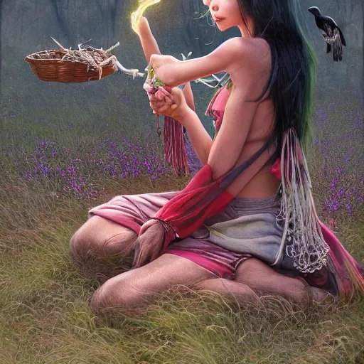 Prompt: n elderly indian don juan is sitting in a field with peyote and smoking a pipe, a raven walks next to him, by miho hirano, ross tran and ilya kuvshinov, realistic, detailed, beautiful fantasy detailed trending on artstation, oil painting, dramatic lighting, eterea, high quality print, fine art with subtle redshift rendering