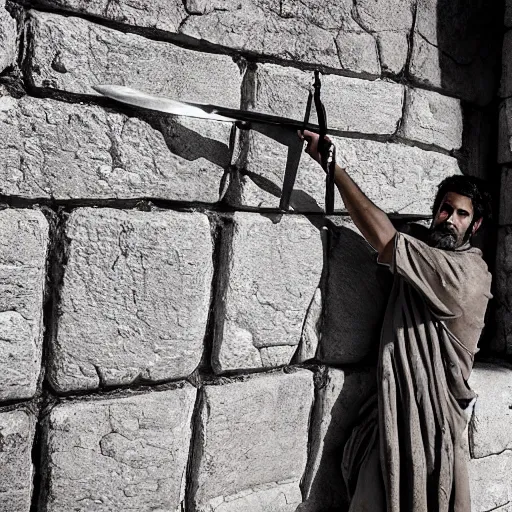Prompt: award winning cinematic still of 40 year old Mediterranean skinned man in Ancient Canaanite clothing building a wall in Jerusalem, holding a sword and a chisel, dramatic lighting, strong shadows, directed by Peter Jackson