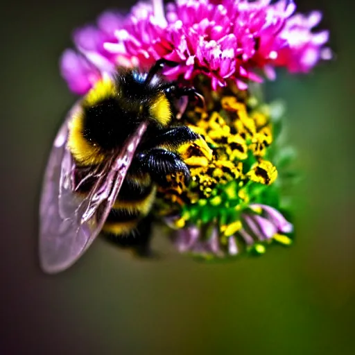 Image similar to a bumble bee made out of flowers sits on a finger, 5 0 mm lens, f 1. 4, sharp focus, ethereal, emotionally evoking, head in focus, volumetric lighting, blur dreamy outdoor,