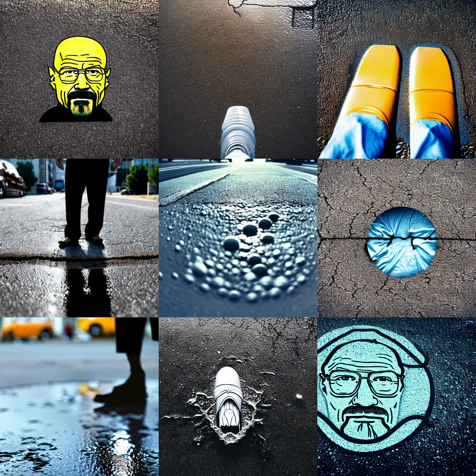 Prompt: walter white as a puddle of water on a street, close up