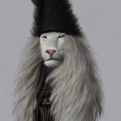 Image similar to portrait of a white panter with a very long fur and wizard hat, fantasy, trending on artstation, heroic pose, illustration, highly detailed, simple, 8k