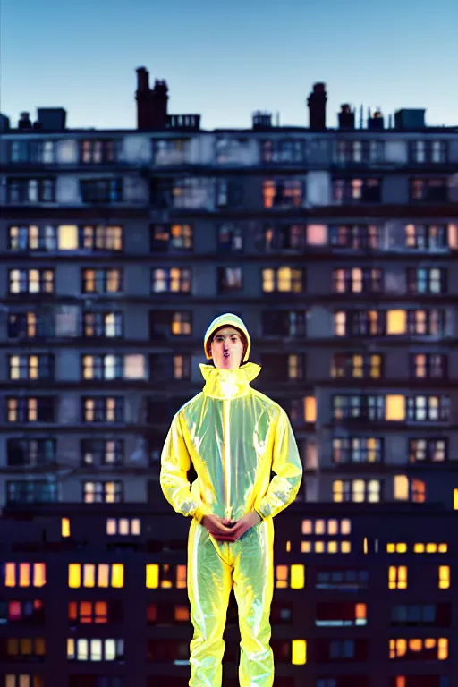 Prompt: un ultra high definition studio quality photographic art portrait of a young man standing on the rooftop of a british apartment building wearing opaque soft inflatable padded iridescent refractive clothing. three point light. extremely detailed. golden ratio, ray tracing, volumetric light, shallow depth of field. set dressed.