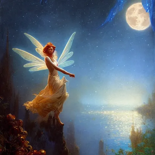 Image similar to attractive fairy magically floating high in the night, fantasy, full moon in background. highly detailed painting by gaston bussiere, craig mullins, j. c. leyendecker, mid shot, 8 k realistic, cryengine, frostbite 3 engine, sharp focus