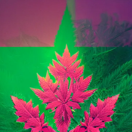 Image similar to marijuana placed as a abstract monument, pink elemenets, elegant, old-style