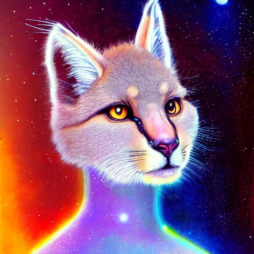 Image similar to cute fluffy caracal, futuristic iridescent clothing, wormhole, nebula, black hole, aries constellation, multiverse, neon god of city character portrait, in the style of margaret keane, moebius, tom bagshaw, and waterhouse, cinematic lighting, beautiful, elegant, oil painting