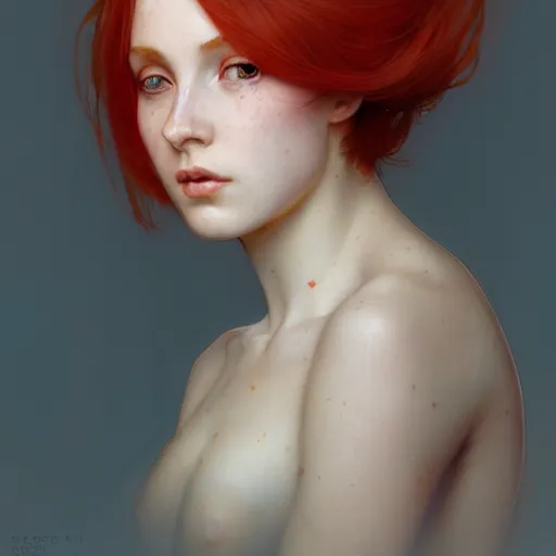 Prompt: portrait of a beautiful girl, red hair, headshot, hyper realistic, pale skin, 4k, rule of thirds, beautiful eyes, extreme detail, detailed drawing, trending artstation, hd, fantasy, D&D, realistic lighting, by Alphonse Mucha, Greg Rutkowski, sharp focus, backlit, elegant