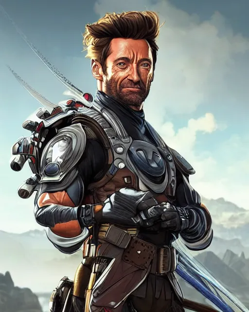 Prompt: Hugh Jackman as an Apex Legends character digital illustration portrait design by, Mark Brooks and Brad Kunkle detailed, gorgeous lighting, wide angle action dynamic portrait