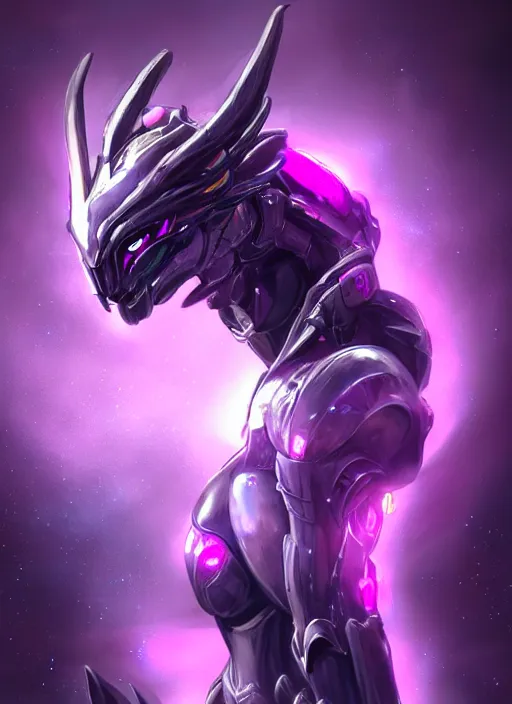 Image similar to cinematic goddess close shot, cosmic size beautiful stunning elegant hot giant robot mecha female dragon, sharp cyborg dragon head, metal ears, led glowing purple eyes, smooth fuschia skin, smooth silver armor, in space, epic proportions, macro, epic size, epic scale, furry art, dragon art, giantess art, warframe fanart, furaffinity, octane