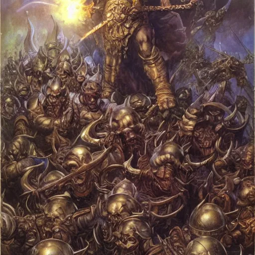 Image similar to art by donato giancola and bayard wu and gustav moreau and wayne barlowe, a fantasy cinematic shot of a dwarf berserker, fighting a horde of huge rats, warhammer, dnd, fighting monsters,