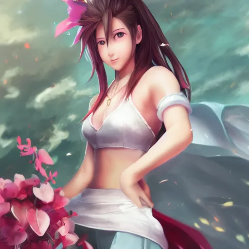 Image similar to full body shot of aerith ff7 by wlop, rossdraws, mingchen shen, bangkuart, sakimichan, yan gisuka, jeongseok lee, artstation, 4k