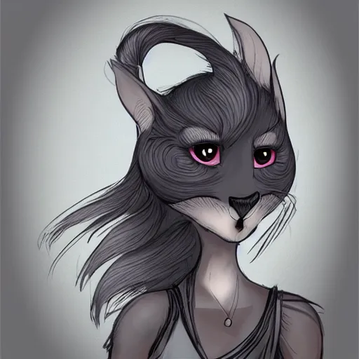 Image similar to headshot of young female furry, D&D, cute, fantasy, intricate, long hair, dark grey skin, mouse face, mouse nose, dark skin, mouse head, mouse ears, black hair, elegant, highly detailed, cartoony, artstation, concept art, smooth, sharp focus, illustration, art by Diives