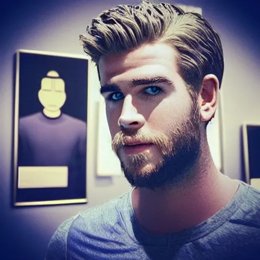 Image similar to “ a realistic detailed photo of a guy who is an attractive humanoid who is half robot and half humanoid, who is a male android, actor liam hemsworth, shiny skin, posing like a statue, blank stare, at the museum, on display ”