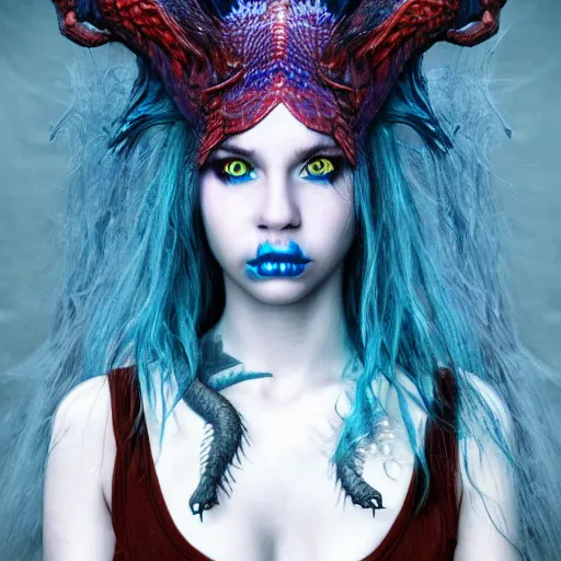 Image similar to portrait of young girl half dragon half human, dragon girl, dragon skin, dragon eyes, dragon crown, blue hair, long hair, highly detailed, cinematic lighting, by Tim Burton and Robert Eggers