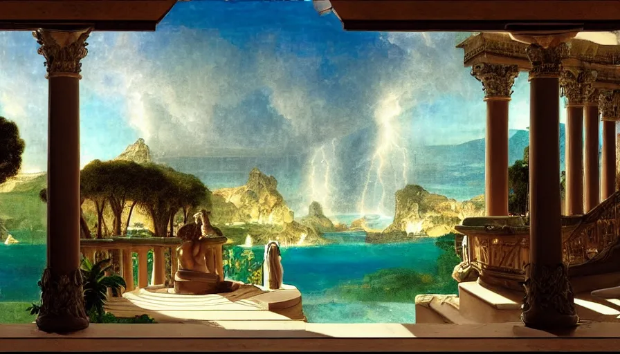 Image similar to From inside the balcony of the giant Palace, mediterranean balustrade and columns, refracted lines and sparkles, thunderstorm, greek pool, beach and Tropical vegetation on the background major arcana sky and occult symbols, by paul delaroche, hyperrealistic 4k uhd, award-winning, very detailed paradise