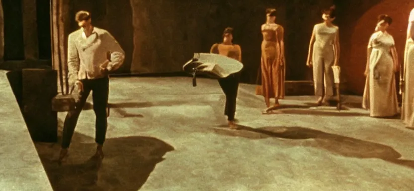 Prompt: film still from the pit and the pendulum ( 1 9 6 1 ), pathecolor, 4 0 mm panavision wide - angle lens