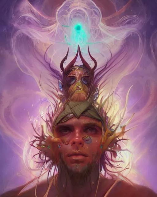 Image similar to beautiful portrait of a psychedelic shaman, by pete mohrbacher and artgerm and wlop, digital art, highly detailed, intricate, fantasy, mystical, Trending on Artstation HQ, deviantart, unreal engine, 4K UHD image