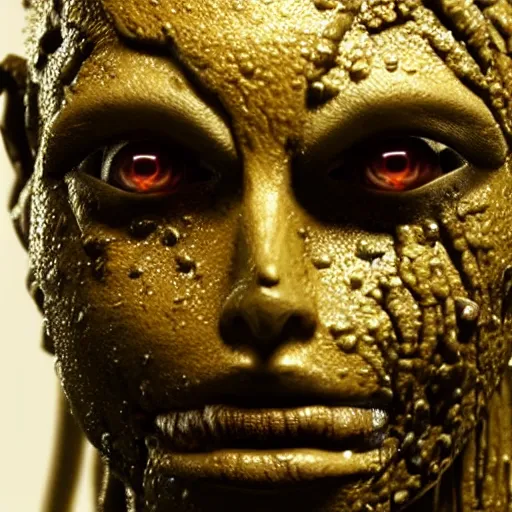 Image similar to photo taken of an epic intricate, ultra detailed, super realistic gritty, wet, lifelike sculpture of an humanoid android creature with bioluminescent patches of skin created by weta workshop, zoomed in shots, subsurface scattering, photorealistic, sharp focus, white wall coloured workshop, cold colour temperature, f 0. 4, face centred, golden ratio,