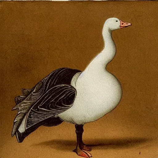 Prompt: a goose wearing knight armor