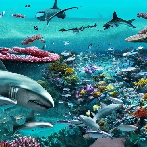 Image similar to beautiful hyper realistic coral reef full of sharks in 4 k