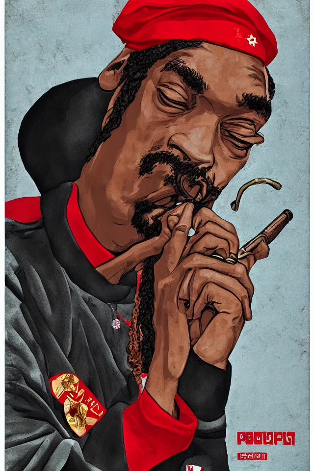 Image similar to an epic socialist realism poster of communist snoop dogg in a red beret smoking a blunt for the proletariat