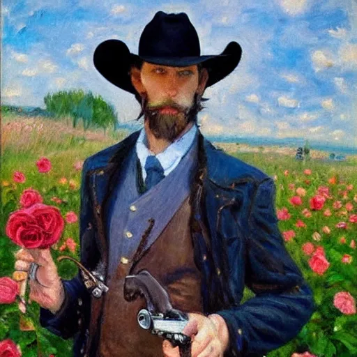 Image similar to an impressionist painting of a tall man with blue eyes that is wearing a cowboy hat and a leather vest. He is holding a revolver in his left hand and a rose is in his right hand. He is standing in a field of roses.