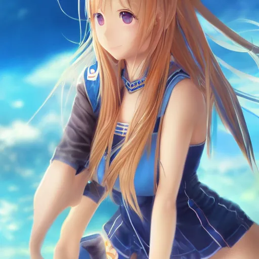 Image similar to a very beautiful young yuuki asuna, full body, long wavy blond hair, sky blue eyes, full round face,, bikini, miniskirt, front shot, highly detailed, cinematic wallpaper by stanley artgerm lau