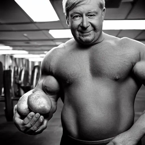 Prompt: high quality realistic photo of Kevin Rudd as a bodybuilder squeezing a bag of grapes. Lighting in the style of Bill Henson.
