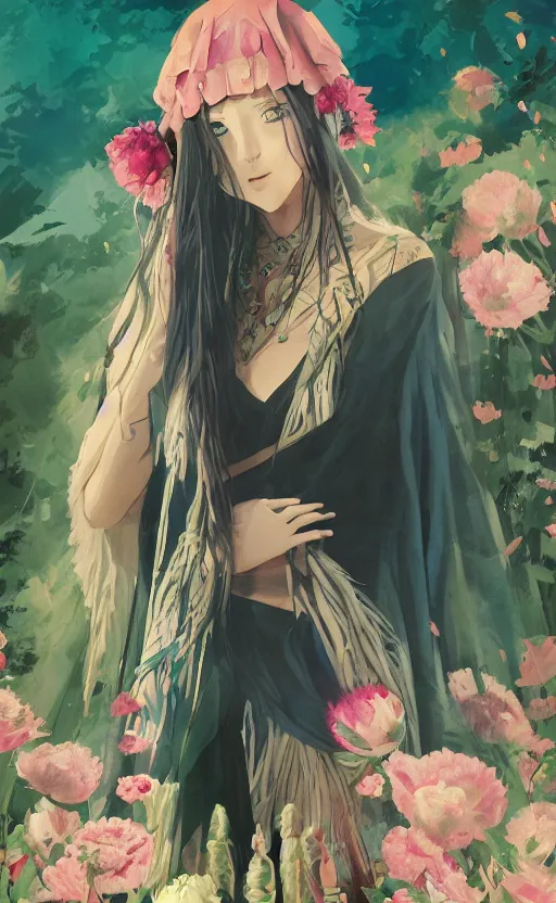 Prompt: bestselling movie poster, official media,a cinematic beautiful closeup moment of saying goodbye wearing boho poncho and sunhat with peonies, full body portrait and simple form, brutal shapes, shaman, pixiv, 1970s fashion, official anime media, cinematic lighting, artstation consept artwork by doja cat, charlie bowater, waterhouse, ,greg rutkowski, wong kar wai