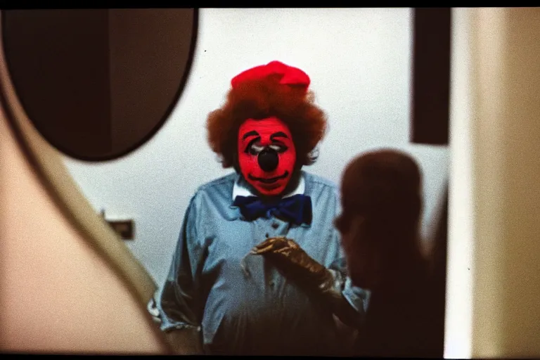 Image similar to close-up color film photography 1970s, sad clown look at himself in public bathroom mirror, soft light, 35mm, film photo, Joel Meyerowitz