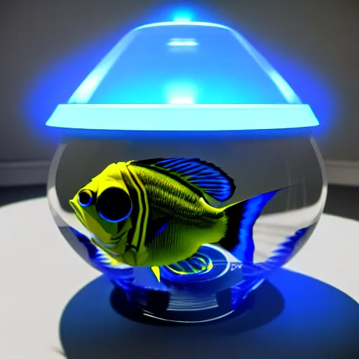 Prompt: a fish bowl mecha with arms, we can also see a fish inside of it, photorealistic 3 d render, unreal engine