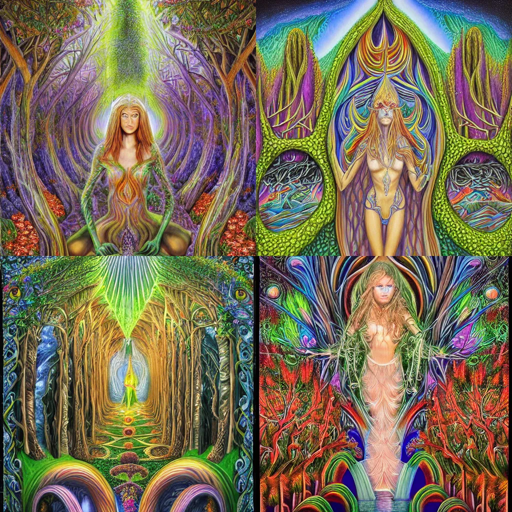 Prompt: highly detailed painting of a fantasy nature cathedral with elven druid in the middle, by alex grey