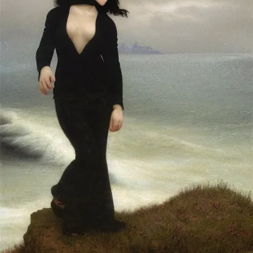 Prompt: 1 7 - year - old pale - skinned persian girl with black long bob cut, long bangs, black gothic jacket, black jeans, psychic girl, standing on cliff along the irish coast, overcast gray skies, ultra - realistic, sharp details, cold lighting, intricate details, art by william - adolphe bouguereau