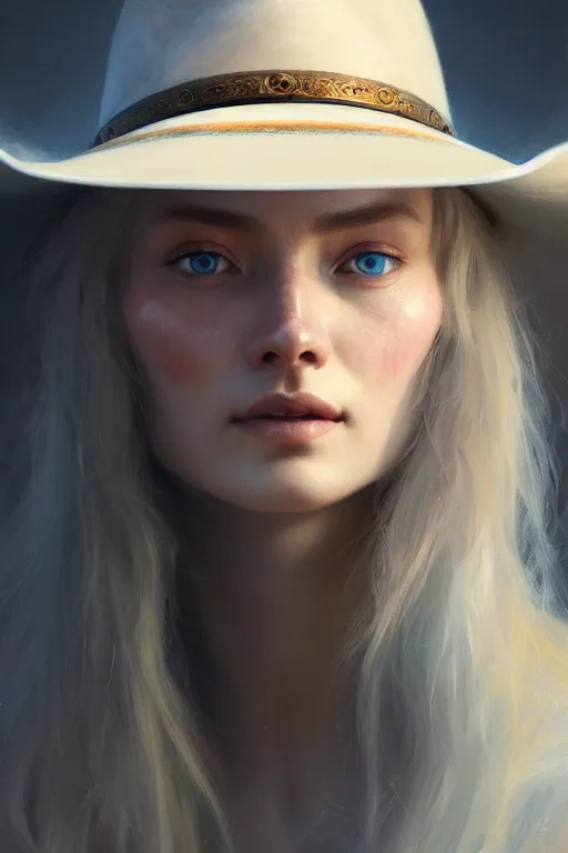 Image similar to ultra detailed facial portrait of beautiful nordic woman, blue eyes, wearing cowboy hat, extremely detailed digital painting, in the style of fenghua zhong and ruan jia and jeremy lipking and peter mohrbacher, mystical colors, rim light, beautiful lighting, 8 k, stunning scene, raytracing, octane, trending on artstation