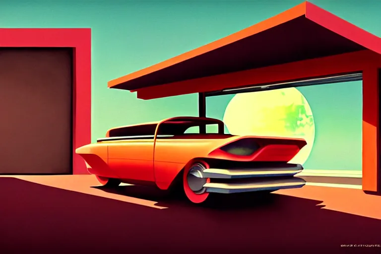 Image similar to a cinematic matte painting of a boxy 1 9 6 0 s vaporwave retro - futurism sci - fi car with solar panels on roof and doors in a cluttered garage in mumbai. by eric lafforgue, glennray tutor and edward hopper, greg rutkowski. trending on artstation.