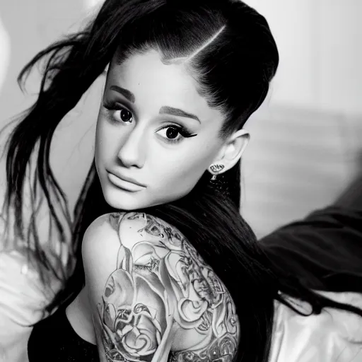 Image similar to ariana grande recursive photo beautiful ariana grande photo bw photography 130mm lens. ariana grande backstage photograph posing for magazine cover. award winning promotional photo. !!!!!COVERED IN TATTOOS!!!!! TATTED ARIANA GRANDE NECK TATTOOS. Zoomed out full body photography. Dramatic pose, reclining