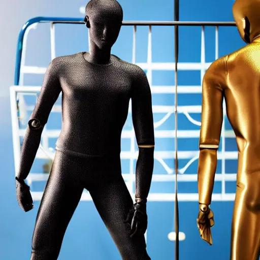 Image similar to a realistic detailed photo of a guy who is an attractive humanoid who is half robot and half humanoid, who is a male android, attractive and handsome soccer players, shiny skin, posing like a statue, blank stare, in a factory, on display, showing off his muscles, gold soccer shorts, side view, looking at each other mindlessly