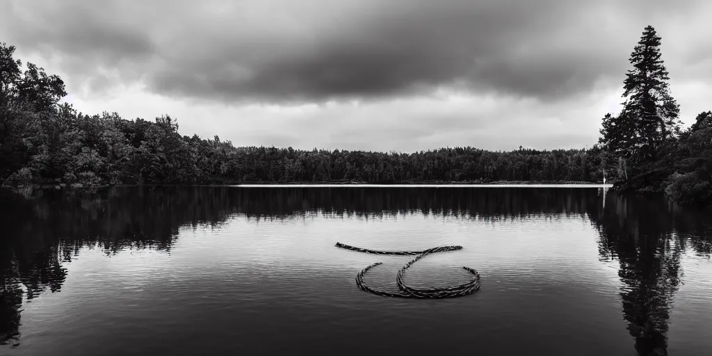 Prompt: symmetrical photograph of an infinitely long rope submerged on the surface of the water, the rope is snaking from the foreground towards the center of the lake, a dark lake on a cloudy day, trees in the background, moody scene, dreamy anamorphic lens