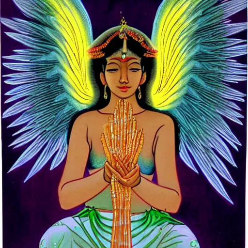 Prompt: Sri lankan girl as a winged angel covered in eyes with glowing halo, iridescent, seraphim, art by Hideyuki Kikuchi,