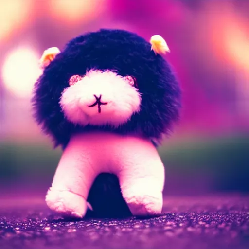 Image similar to lomography long shot of cute plush fluffy chthonic monster made to look like a baby, bokeh background, lsd colors