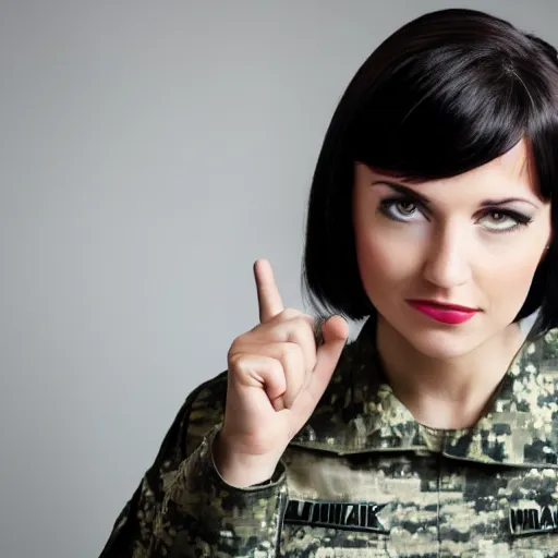 Image similar to brunette woman, short hair, flipped out hair, black military uniform, smirk, propaganda