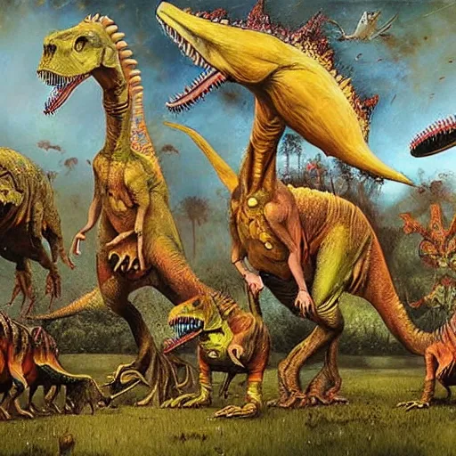 Image similar to A group of dinosaurs dancing in a rave party at ozora festival by Esao Andrews and Karol Bak and Zdzislaw Beksinski