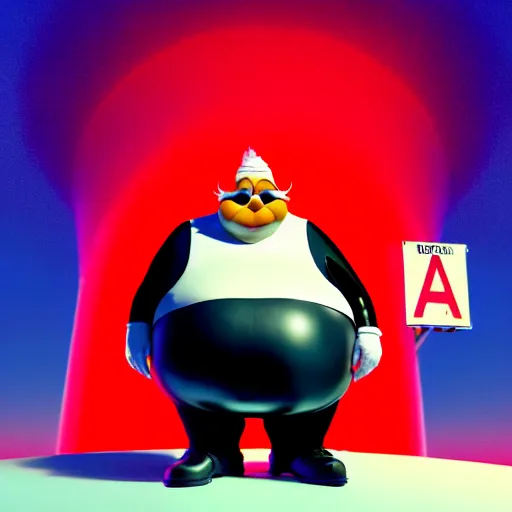 Prompt: a render of a round fat man in a red jumpsuit, wearing shiny black goggles, long pointy pink nose, long spikey light brown moustache, large cartoonish hands with white gloves, evil villain grin, high tech, hdr, 4 k, he is standing over the lorax, the lorax is on the ground, 3 d