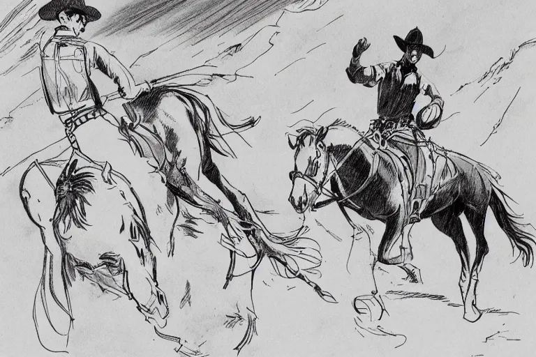 Image similar to Cowboy on a horse at a full gallop in the SW desert, beautiful line art, ink illustration, sketch, pure b&w