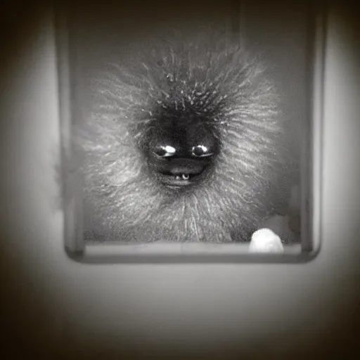 Image similar to strange creepy fuzzy creature found in the cabinet under a sink, dark photograph